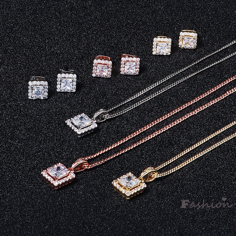 Set Vòng cổ Và Bông Tai Đính Đá Zircon Hình Vuông Đơn Giản Sang Trọng Cho Nữ