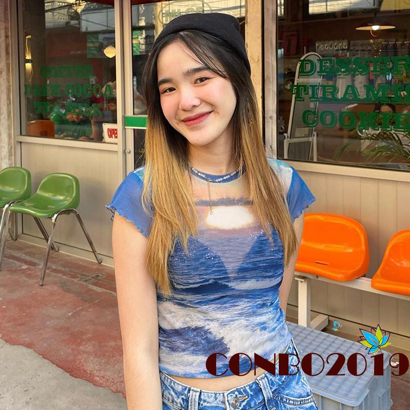 Áo Thun Crop Top Tay Ngắn Cổ Tròn In Họa Tiết Thời Trang Mùa Hè Cho Nữ