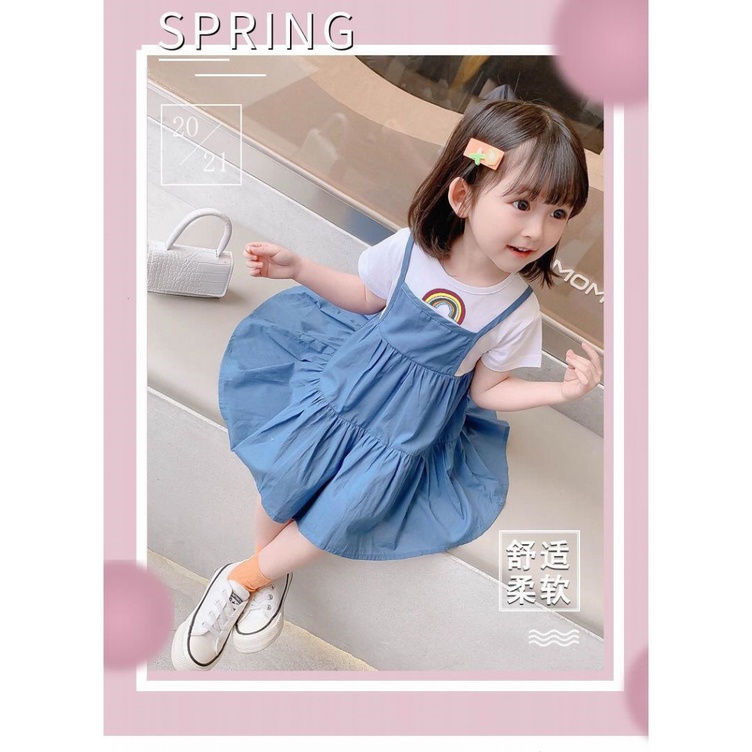 Đầm Công Chúa Hàn Quốc Tay Cộc Dáng Rộng Giả Hai Lớp Màu Cầu Vồng Mùa Hè