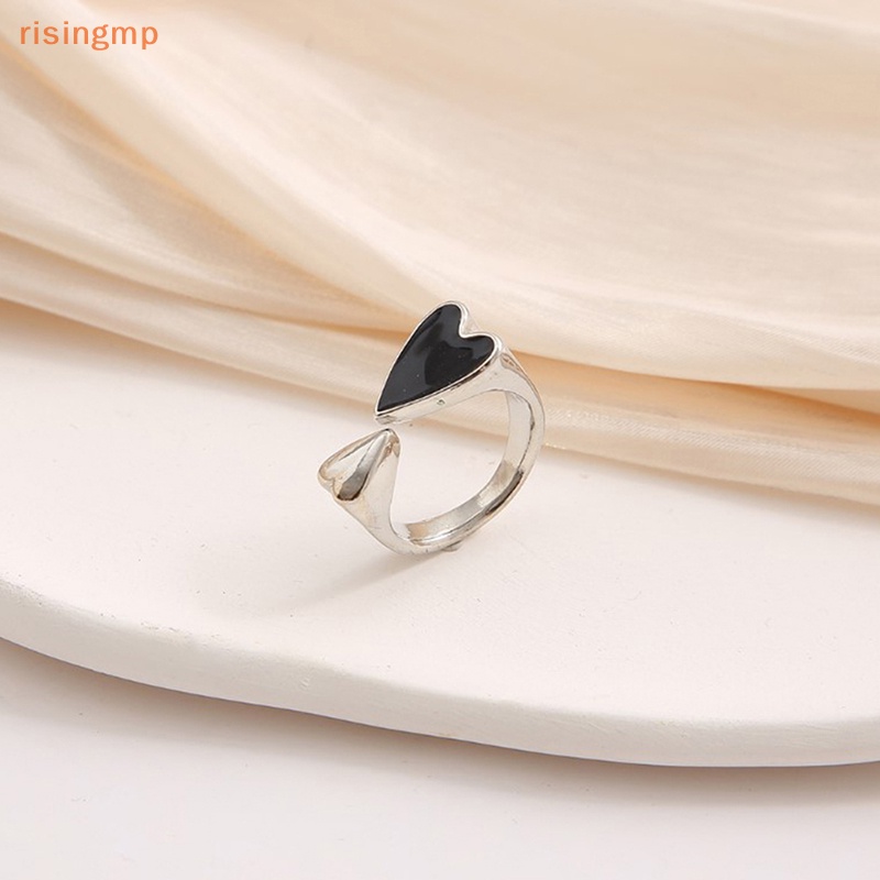 Nhẫn Kim Loại Dạng Mở Hình Trái Tim Hai Màu Đen Phong Cách Punk Tối Giản Cho Nữ