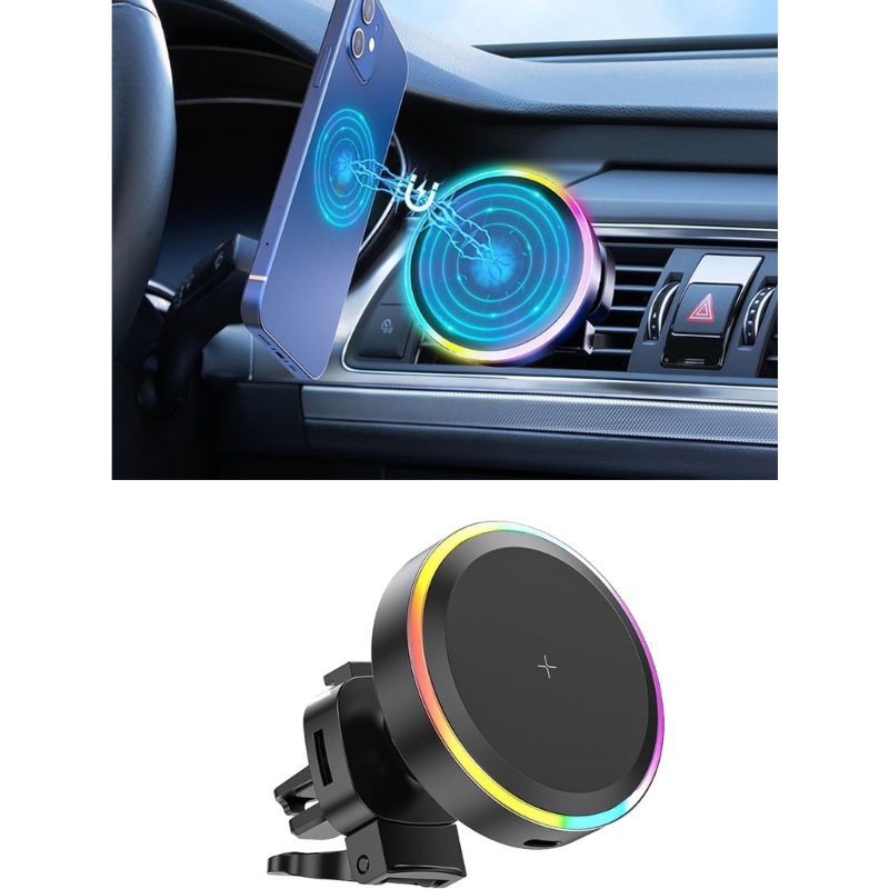 Giá Đỡ Sạc Điện Thoại Không Dây Có Nam Châm Hít 15W RGB Chất Lượng Cao Cho Xe Hơi