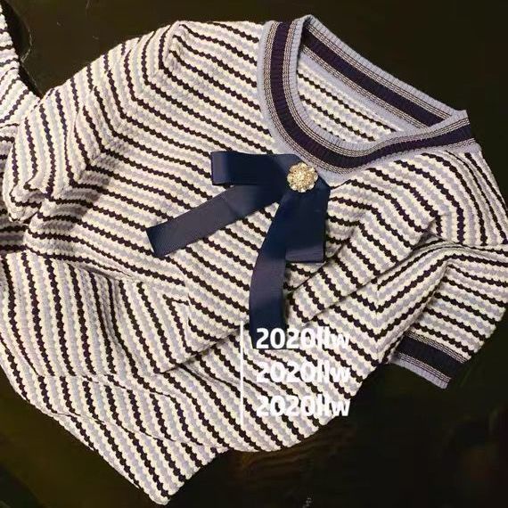 [F &amp; X] Đầm Dệt Kim Dáng Chữ a Ôm Dáng Vừa Vặn Kẻ Sọc Đính Nơ Ngọt Ngào Mùa Hè Kiểu Pháp Cho Nữ @