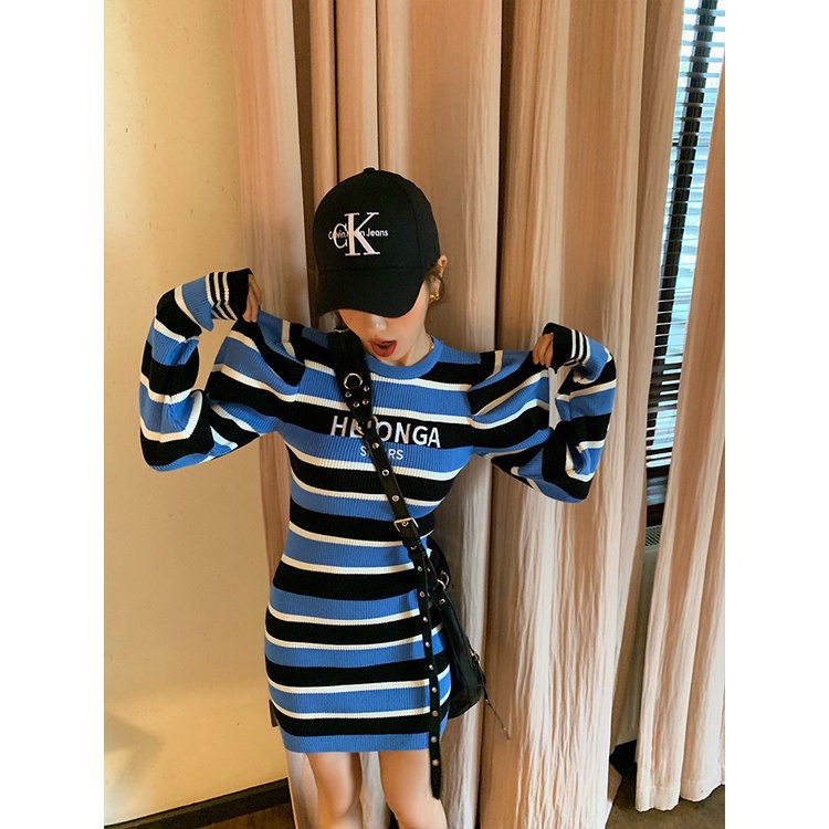 Đầm Dệt Kim Tay Dài Họa Tiết Kẻ Sọc Trắng Xanh Dương Phong Cách Mới 2023