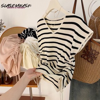Sugemiusi Áo Sweater Lụa Lạnh Tay Bay Cổ Chữ V Kẻ Sọc Màu Sắc Tương Phản Phối Dây Rút Bên Hông