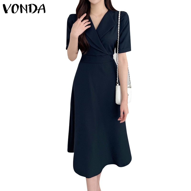 Đầm chữ A VONDA tay ngắn cổ chữ V lưng cao phong cách Hàn Quốc thời trang cho nữ