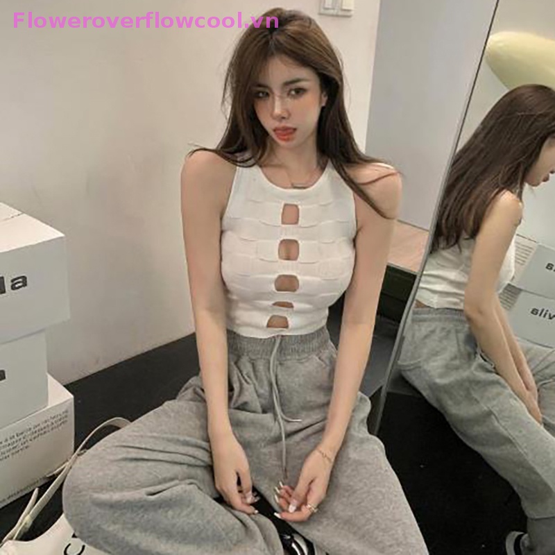 Áo Croptop Dệt Kim Không Tay Cổ Tròn Thiết Kế Khoét Rỗng Thời Trang Mùa Hè Quyến Rũ Cho Nữ