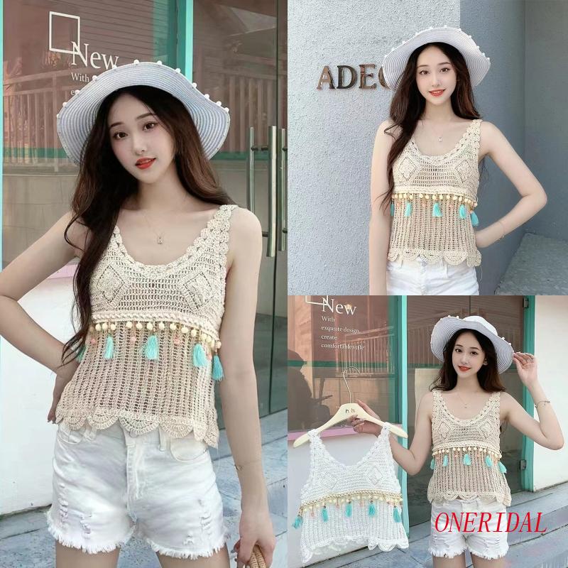 Áo Tank Top Dệt Kim Phối Tua Rua Gợn Sóng Thời Trang Mùa Hè Cho Nữ