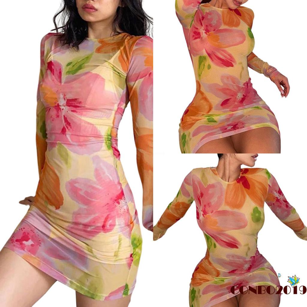 Đầm Ngắn Tay Dài Cổ Tròn Eo Cao Xuyên Thấu In Họa Tiết Hoa Cho Nữ