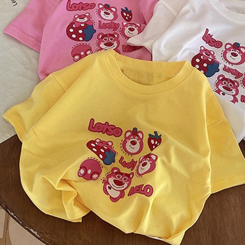 Áo Thun Cotton Tay Ngắn In Hình Gấu Và Dâu Tây Dễ Thương Phong Cách Hàn Quốc Cho Bé 0-7 Tuổi