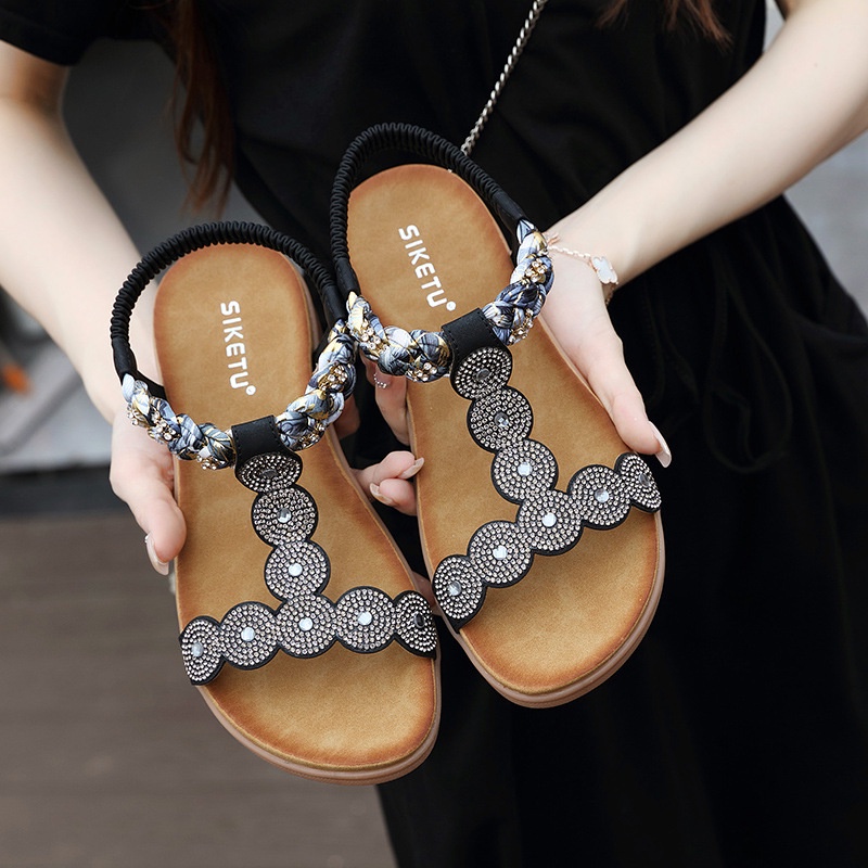 Giày Sandal Đế Xuồng Mũi Tròn Đính Đá Thoải Mái Phong Cách Bohemian Dành Cho Nữ