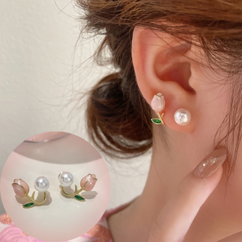 Bông Tai Hình Hoa Tulip Đính Ngọc Trai Thời Trang Hàn Quốc Dành Cho Nữ