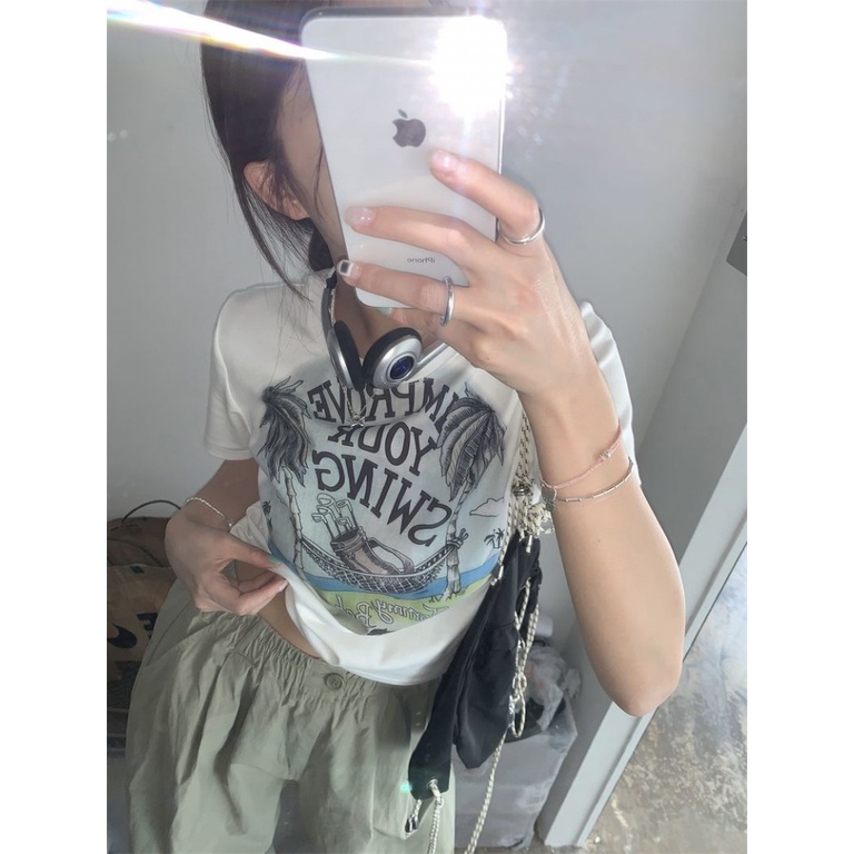 Áo baby tee Thun croptop Cotton Ngắn Tay Ôm Dáng In Chữ Phong Cách Retro Thời Trang Mùa Hè Cho Nữ