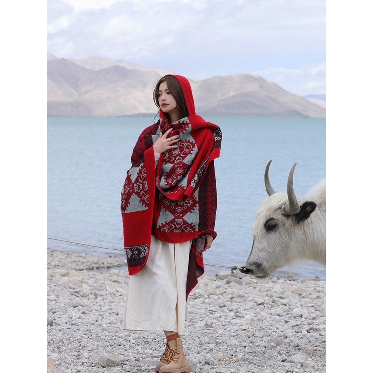 Yunnnan Áo Choàng Có Mũ Trùm Đầu Phong Cách Dân Tộc Retro Nhiều Màu Sắc Ấm Áp Mùa Thu Đông Xinjiang
