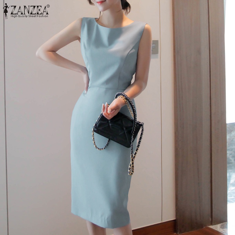 ZANZEA Đầm Không Tay Cổ Tròn Có Khóa Kéo Sau Lưng Phong Cách Hàn Quốc Cho Nữ