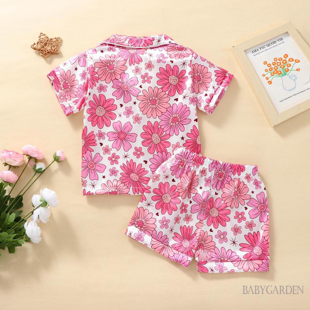 Bộ Đồ Ngủ Áo Cổ Bẻ Tay Ngắn Phối Quần Short Lưng Thun In Hoa Dễ Thương Cho Bé Gái 7-10 Tuổi