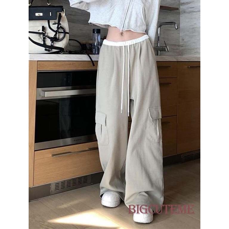 Quần Dài Lưng Thun Dáng Rộng Có Túi Phong Cách Đường Phố Cho Nữ