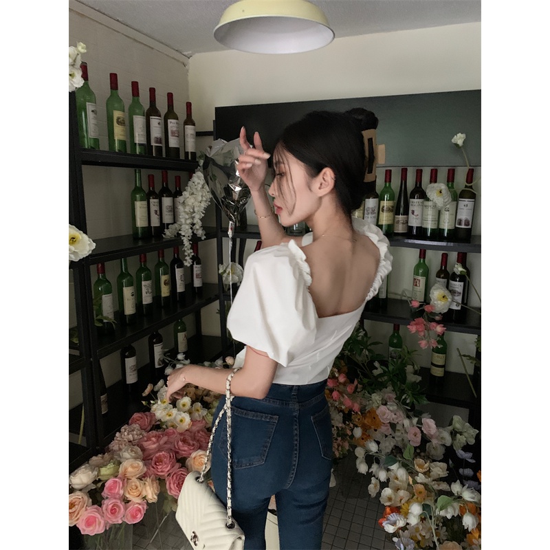 SUXI Áo Kiểu Tay Phồng Ngắn Cổ Vuông Màu Sắc Đơn Giản Thời Trang Mùa Hè Xinh Xắn