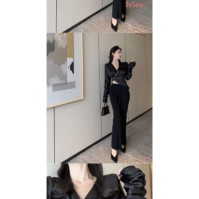 Áo Kiểu Tay Dài Cổ Chữ V Phong Cách Pháp Cho Nữ