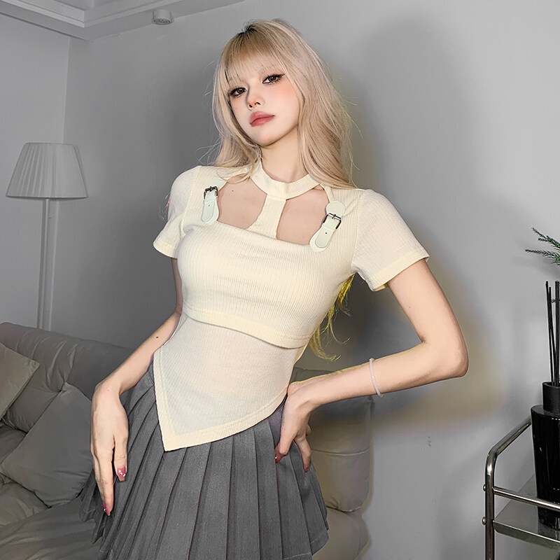 Weird Puss Áo Thun Crop Top Tay Ngắn Dáng Ôm Thiết Kế Đục Lỗ Thời Trang Mùa Hè Đơn Giản Ngọt Ngào Cho Nữ