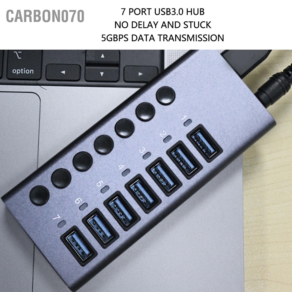 Carbon070 Hub USB 3.0 7 Cổng 5Gbps 5V 2.4A 36W Công Tắc Cá Nhân Đèn LED Chỉ Báo Đế Cắm Cho Điện Thoại Máy Tính 100‑240V