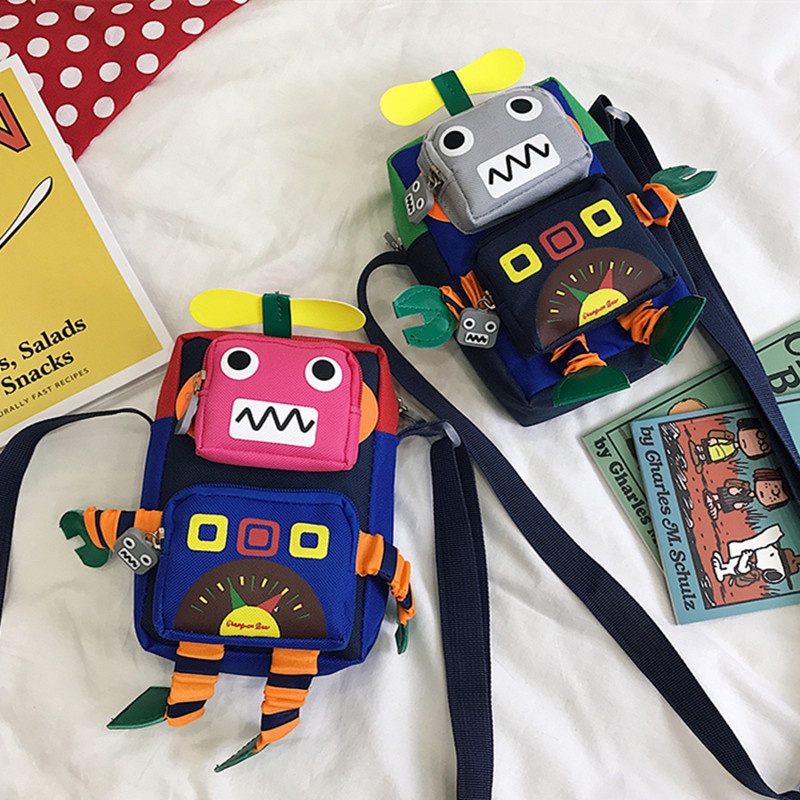 Túi Đeo Chéo Vai Vải Canvas Phối Màu Tương Phản Họa Tiết Robot GT2 Vui Nhộn Dễ Thương Dành Cho Học Sinh