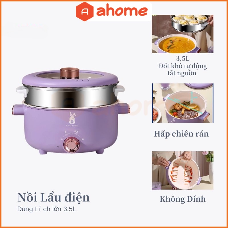 Nồi Lẩu Điện, Nướng,nồi lẩu điện đa năng Luộc, Chiên,Hấp Chống Dính màu tím Tiện Lợi, Công Suất 1000W,Ca Nấu Mì Mẫu Mới Ahome