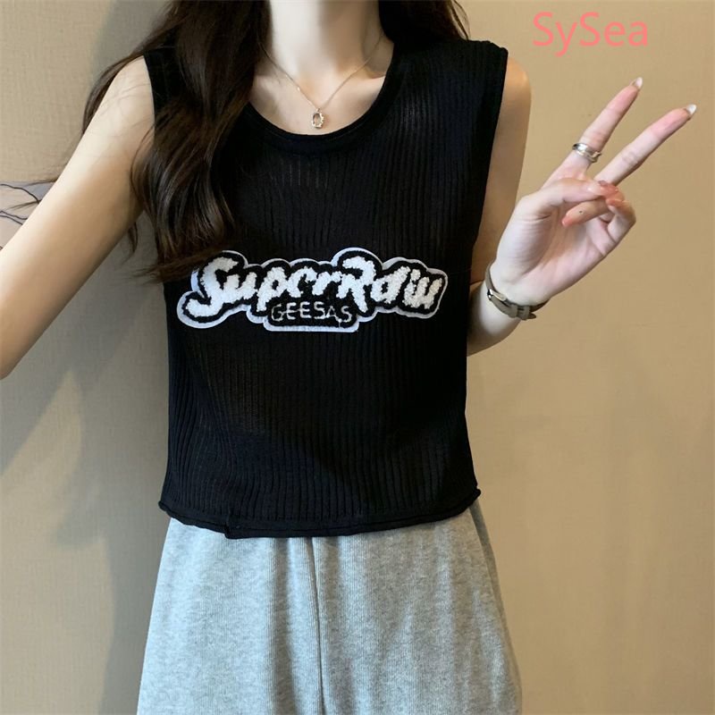 Áo Dệt Kim Sát Nách Dáng Rộng In Chữ Kiểu Retro Mỹ Xinh Xắn Cho Nữ