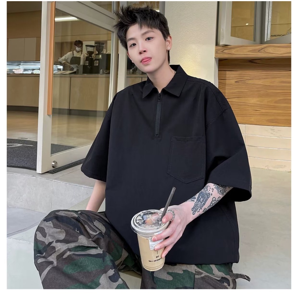 Áo Thun polo Ngắn Tay Có Khóa Kéo Phong Cách vintage Mỹ Thời Trang Mùa Hè Dành Cho Nam