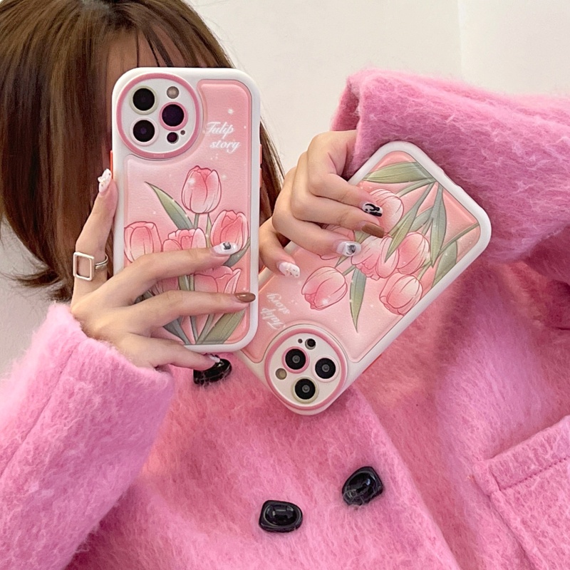 Ốp Điện Thoại Da Silicon Mềm Chống Sốc Phối Lỗ Tròn Hình Hoa Tulip Cho iPhone 14 13 12 11 Pro Max 14 Plus