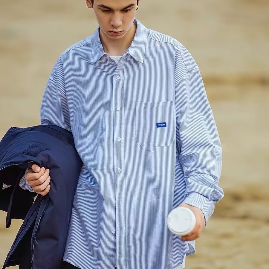 Áo Sơ Mi Nữ Dài Tay Sọc Dọc Màu Xanh Dương Nhạt Phong Cách Mới