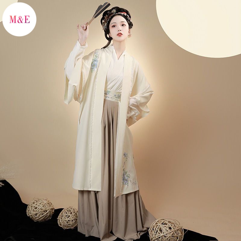 M &amp; E Yuanshan Edai Đầm Hán Phục Tay Dài Cổ Chéo Thêu Thủ Công Phong Cách Thu Đông 2023 Mới Cho Nữ