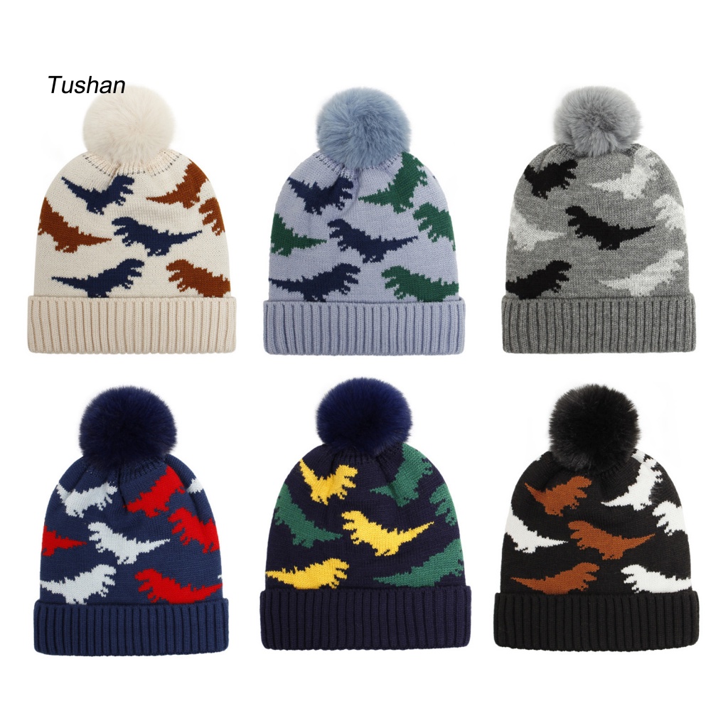 Mũ Beanie Dệt Kim Viền Xoăn Đính Bóng Lông Họa Tiết Khủng Long Hoạt Hình Thời Trang Thu Đông Cho Bé
