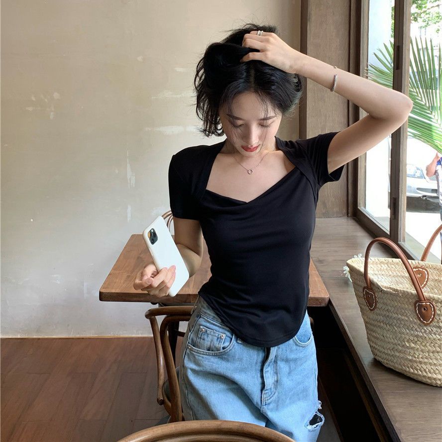 COZOK Áo Thun Ngắn Tay Cổ Vuông Thời Trang Quyến Rũ Dễ Phối Đồ