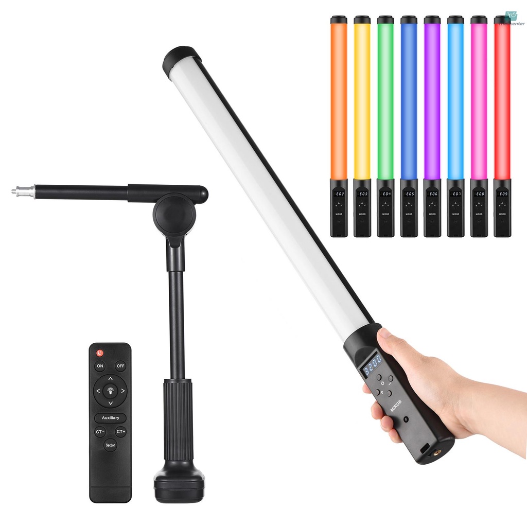 Handheld RGB Tube Light with Desktop Clip-on Light Stand Remote Control LED Video Light Wand 3200K-5500K Dimmable 9 Colorful Lighting Effects Built-in Battery for Vlog Live Streaming Product Portrait