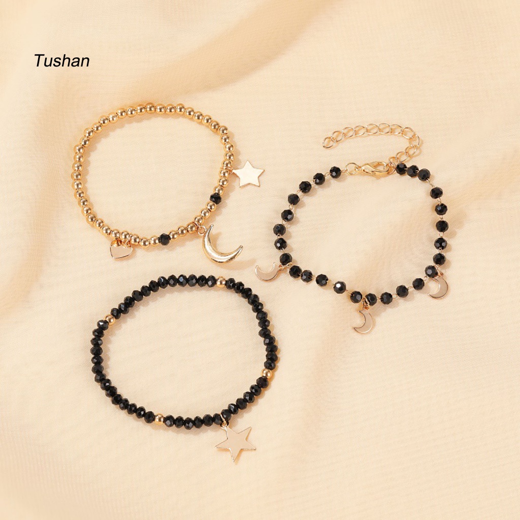 Set 3 Vòng Tay Hạt Nhựa Màu Đen Đính Mặt Trăng Và Ngôi Sao Thời Trang Cho Nữ