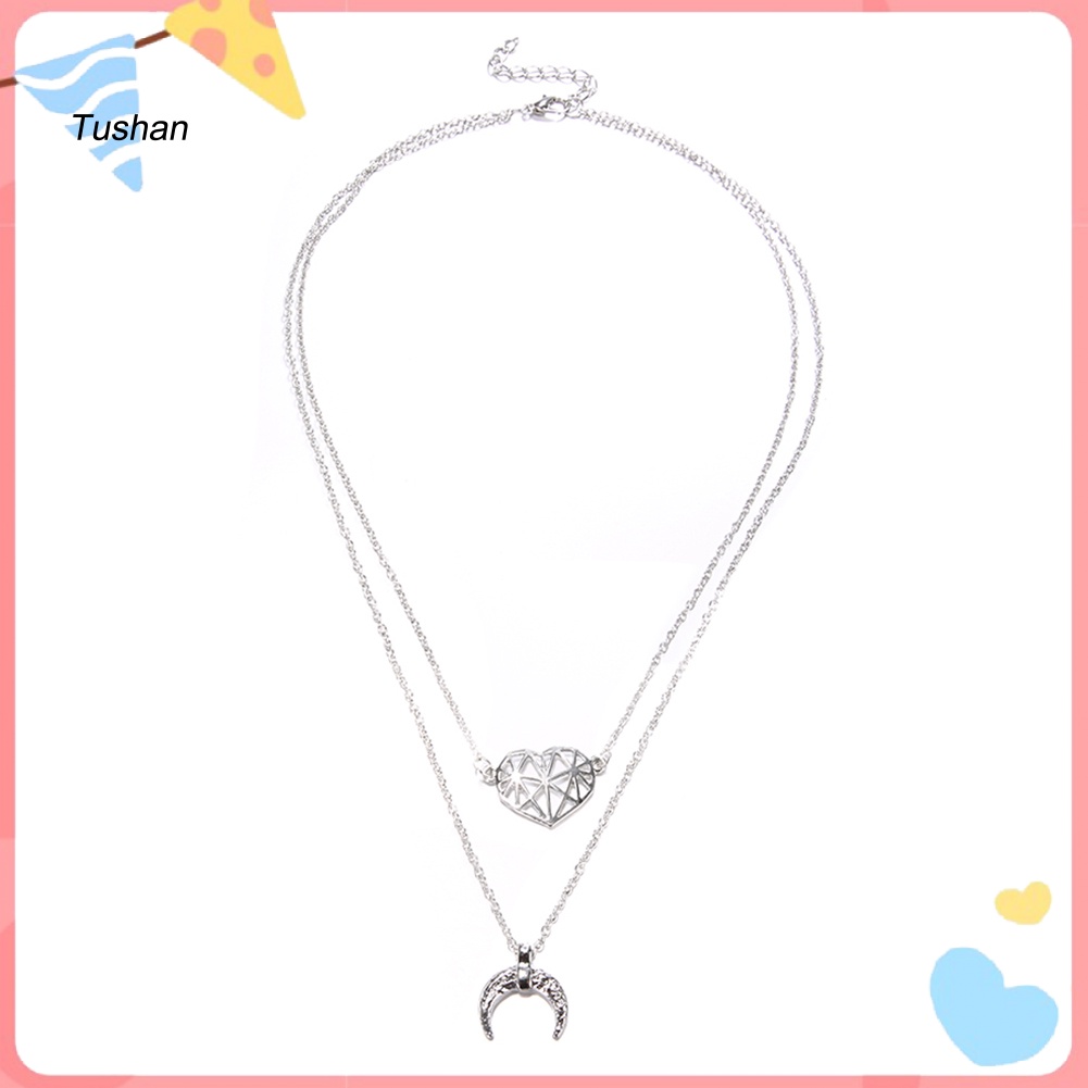 Vòng cổ Hai Lớp Mặt Trăng Trái Tim Phong Cách Boho Thời Trang