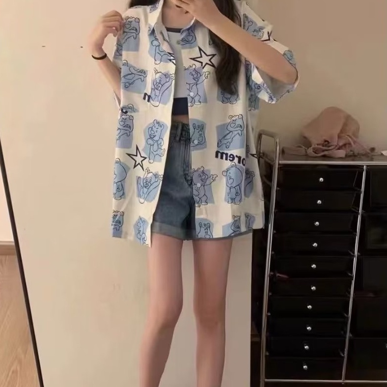 Áo Sơ Mi Tay Ngắn Dáng Rộng In Hình Gấu Dễ Thương Thời Trang Mùa Hè Cho Các Cặp Đôi