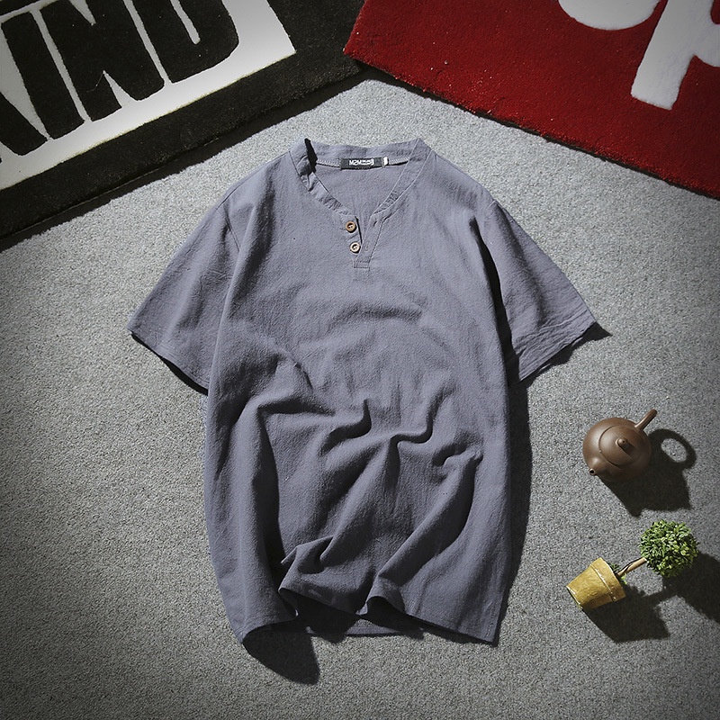 Áo Thun Tay Ngắn Cổ Chữ V Plus Size Chất Liệu Cotton Lanh Thoáng Khí Phong Cách Trung Hoa Cho Nam