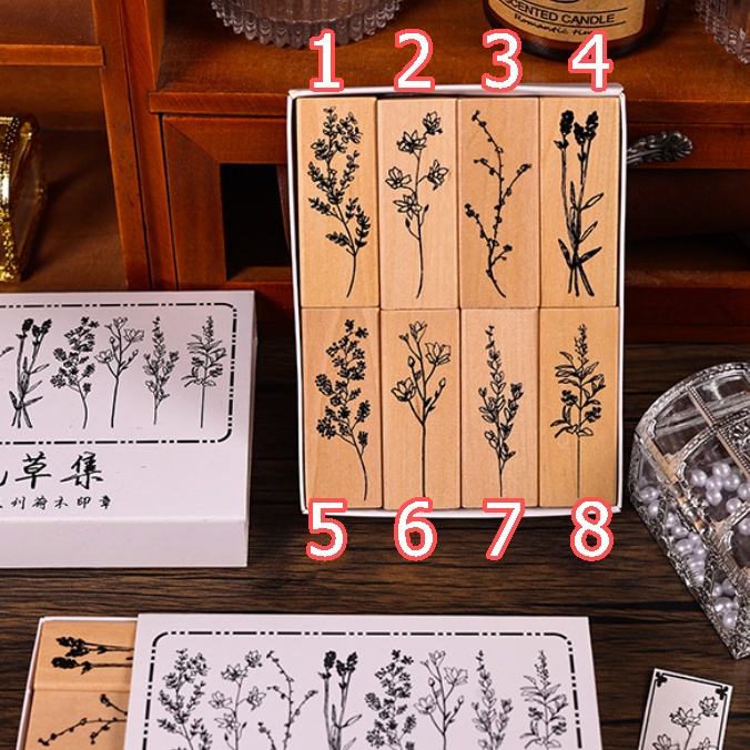 Con dấu gỗ hình cây hoa retro thực vật tự nhiên nhiều mẫu xinh xắn