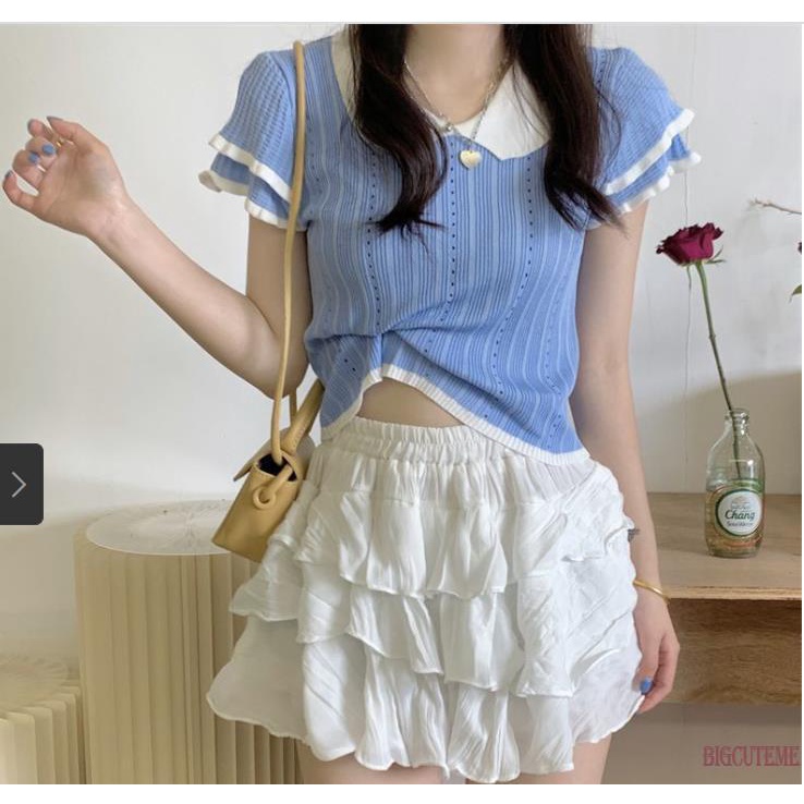 Áo Dệt Kim Tay Ngắn Cổ Búp Bê Màu Sắc Tương Phản Thời Trang Cho Nữ