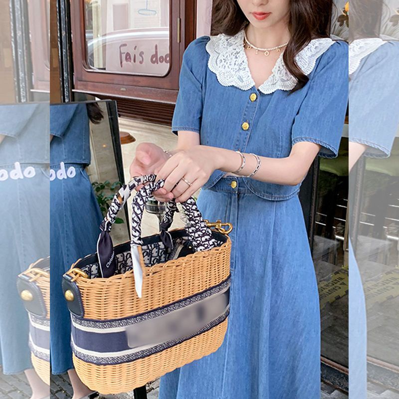 Đầm Chữ A Cổ Búp Bê Phối Ren Màu Xanh Dương Phong Cách Pháp Ngọt Ngào Thời Trang Mùa Hè Cho Nữ