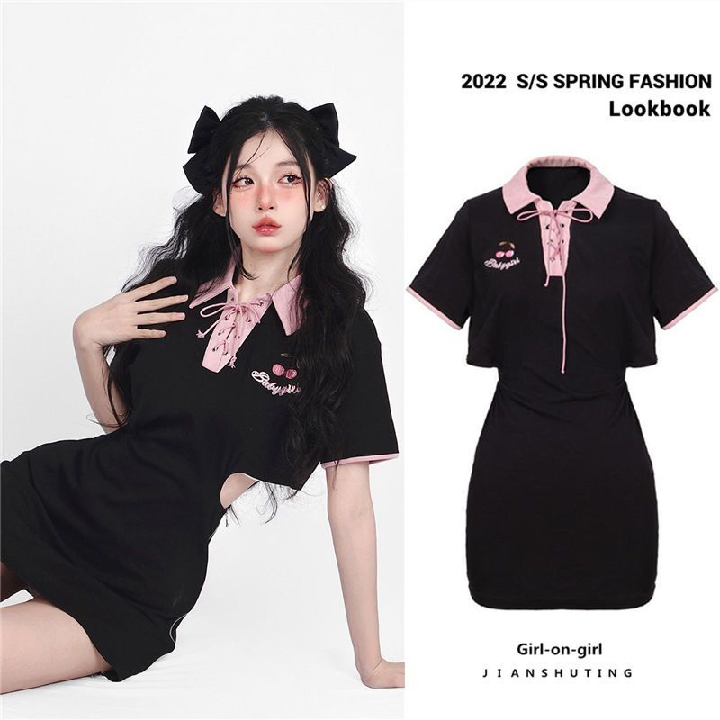 Đầm Ngắn Tay Thêu Họa Tiết Trái Cherry Xinh Xắn Dành Cho Nữ