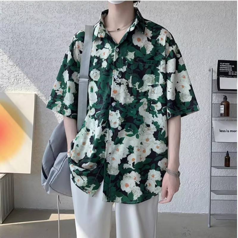 Áo Sơ Mi Tay Ngắn Dáng Rộng Chất Lụa Lạnh Họa Tiết Hoa Cúc Thời Trang Cá Tính Cho Nam