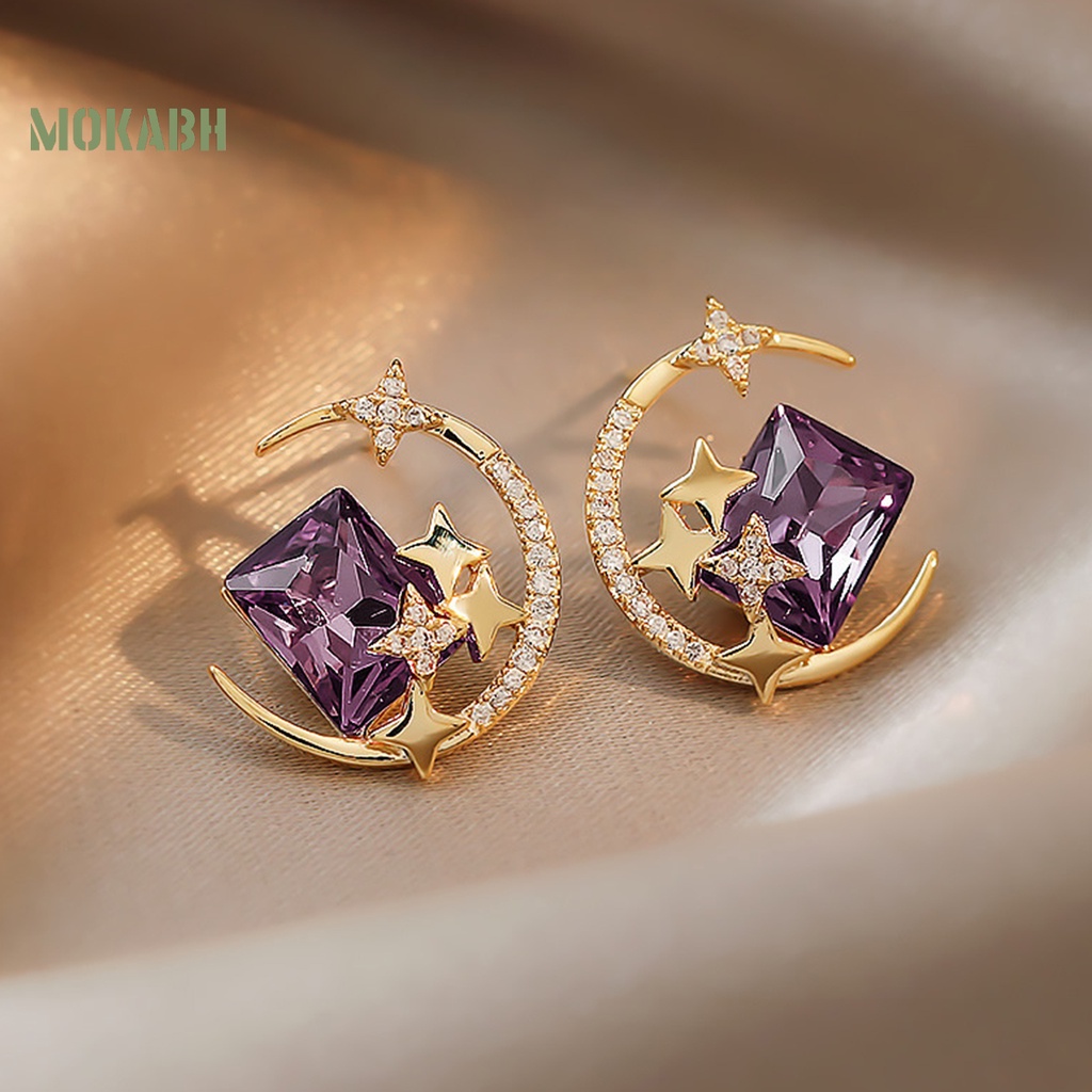 1 Đôi Bông Tai Hợp Kim Hình Ngôi Sao Mặt Trăng Lấp Lánh Chống Oxy Hóa Thân Thiện Với Da Không Gây Kích Ứng Phong Cách Hàn Quốc Dành Cho Nữ