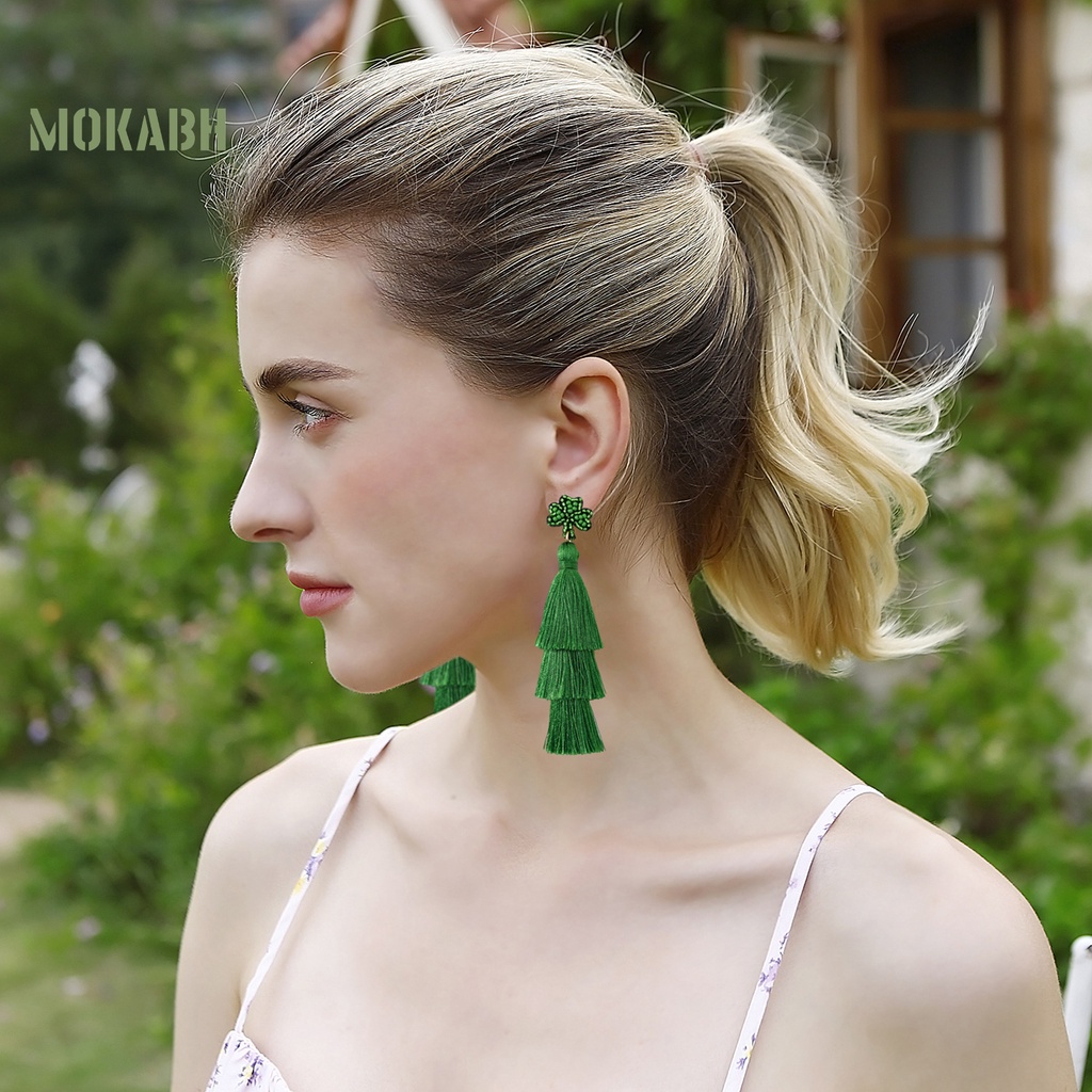 1 Đôi Bông Tai Dáng Dài Hình Học Màu Xanh Lá Tạo Không Khí Chống Mài Mòn Thời Trang Cho Nữ