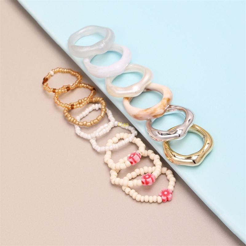 Bộ 14 Nhẫn Acrylic Hình Học / Bông Hoa Nhiều Lớp Phong Cách Tối Giản Thời Trang Cho Nữ