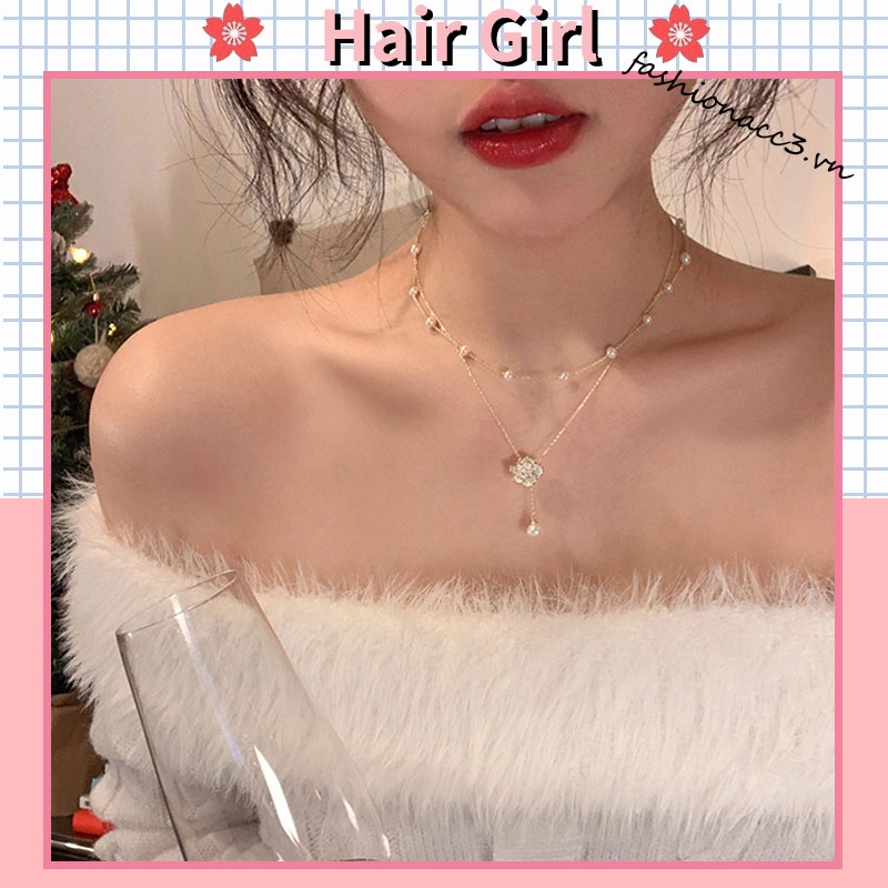 Vòng cổ Hai Lớp Đính Hoa Trà Và Ngọc Trai Sang Trọng Cho Nữ