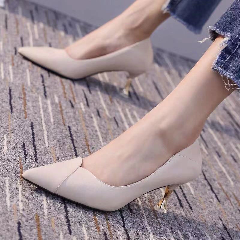 YAOLI  Giày Cao Gót Da Mềm Mũi Nhọn Phong Cách Pháp