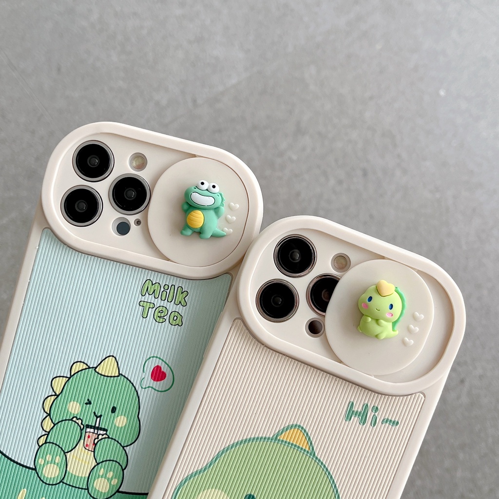 Ốp Điện Thoại Silicon TPU Mềm Hình Khủng Long Hoạt Hình 3D Có Nắp Trượt Bảo Vệ Camera Cho iPhone 13 12 11 Pro Max 14 Plus