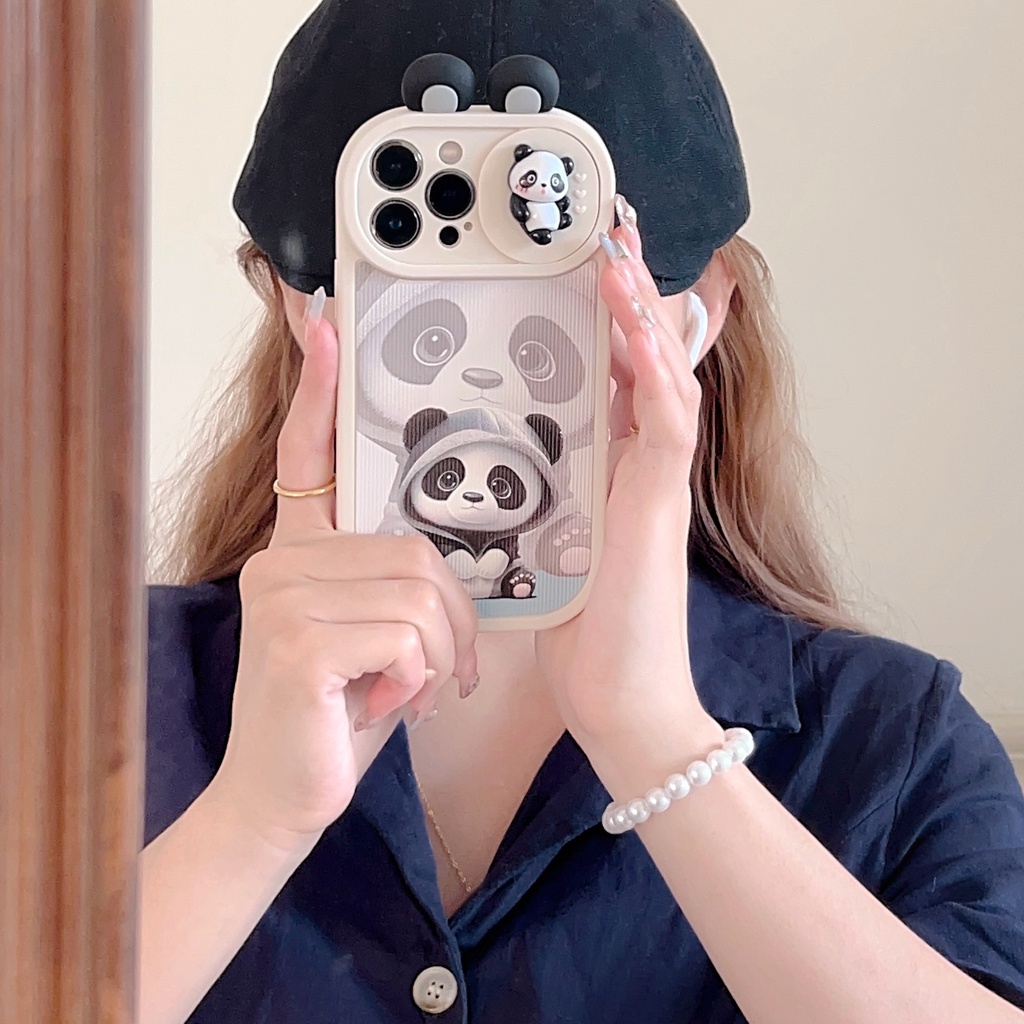 Ốp Điện Thoại TPU Silicon Mềm Chống Sốc Có Nắp Trượt Bảo Vệ Camera In Hình Gấu Trúc 3D Cho iPhone 13 12 11 Pro Max 14 Plus